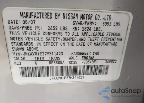 2007 Infiniti M35 from USA, damaged, VIN JNKAY01E27M311423